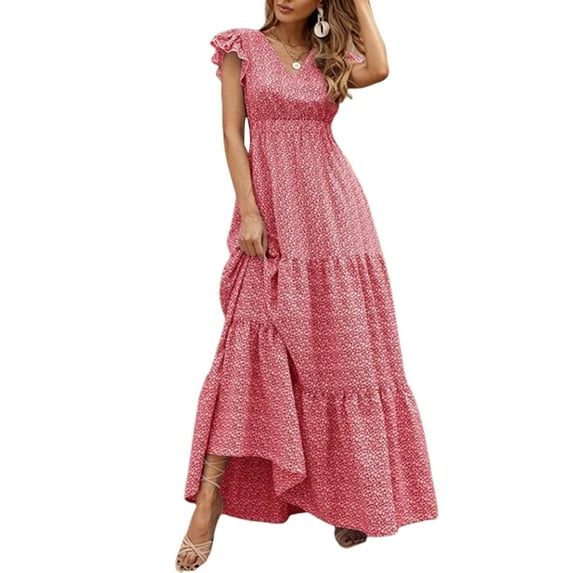 Franhais Women's Summer Long Beachwear Dress Ruffle Short Sleeve V Neck Maxi Swing DressBoho Floral Tiered A-line Dress (S-2XL)
