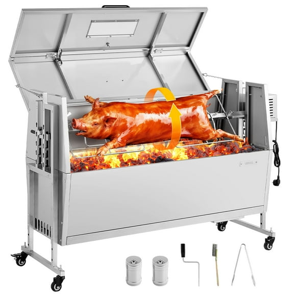 VEVOR Rotisserie Grill, 38W BBQ Outdoor Pig & Lamb Spit Roaster, Charcoal Spit Roaster with 132 LBS Capacity, Wheels & 4-Level Height, Stainless Steel Rotisserie Grill Kit