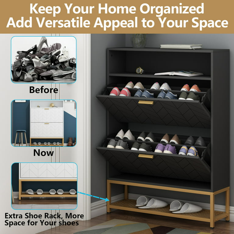 Modern Free Standing Multifunctional Shoe Cabinet with 4 Flip