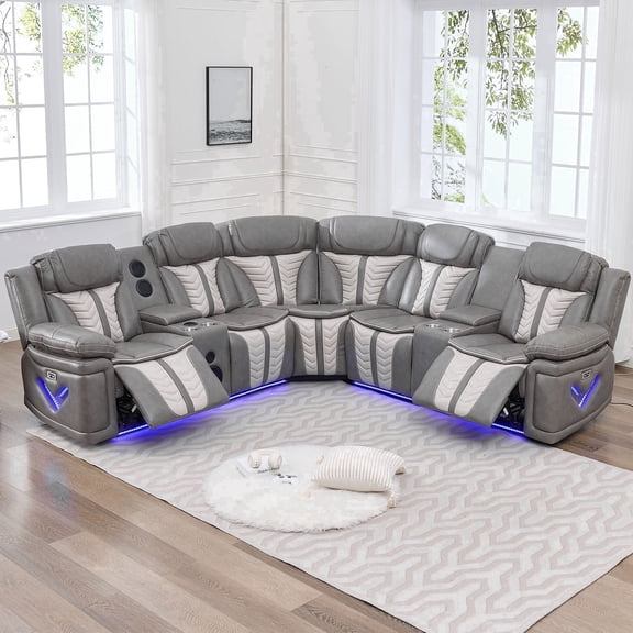 Power Reclining L-Shaped Sectional Sofa with LED Lights, Speakers, Cup Holders, Grey Faux Leather