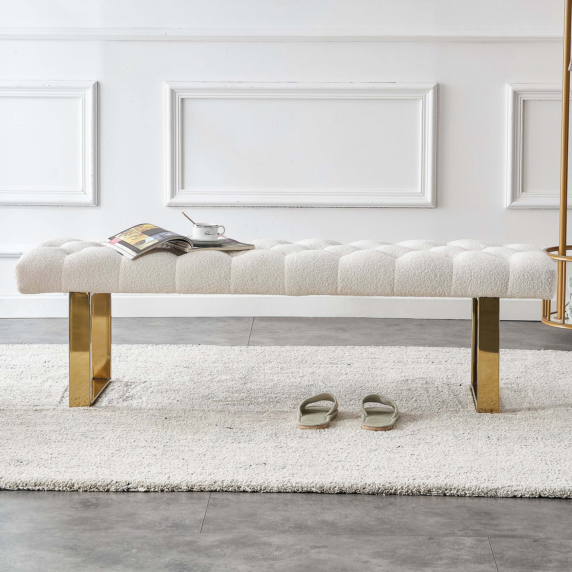 LANTRO JS Teddy Velvet Upholstered White Bench With Gold Metal Legs .Shoe  Changing Bench Sofa Bench Dining Chair .for to Bedroom Fitting Room, Store,  Dining Room and Living Room.