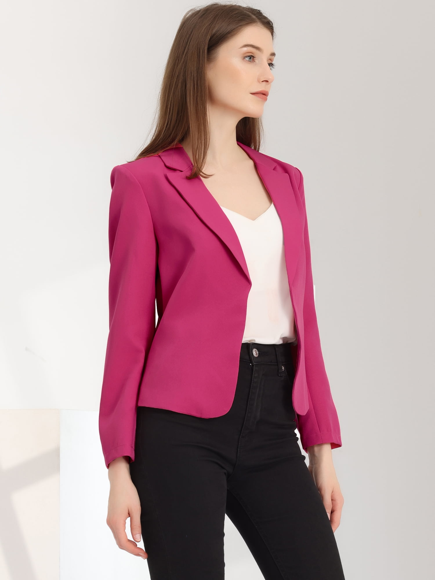 DARING DIVA Women's Notched Lapel Work Crop Blazer L Hot Pink-Solid
