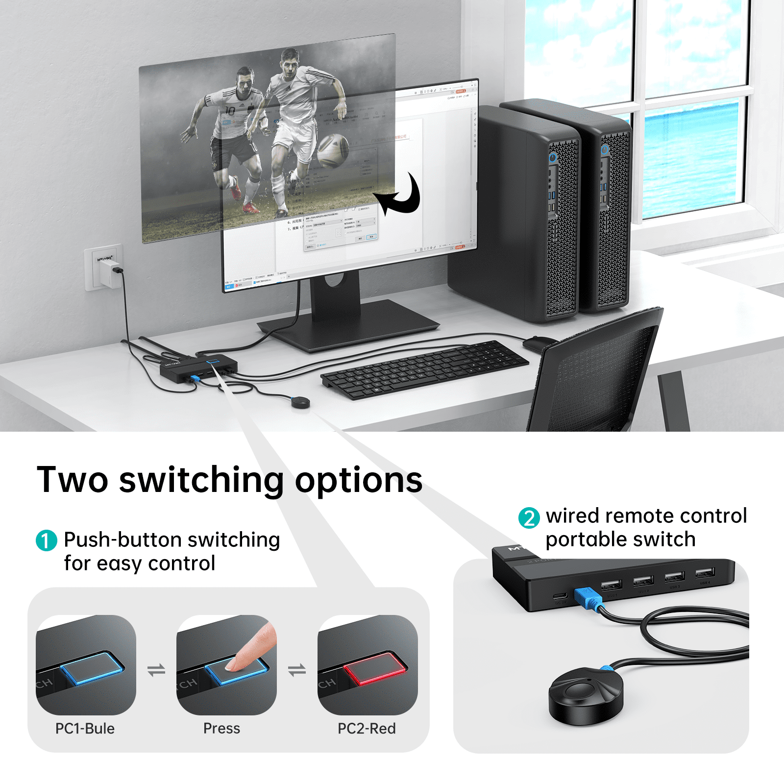 KVM Switch HDMI 2 port Boxes, MT-VIKI 4K@30hz USB HDMI KVM Console for 2 PCs share 1 HD Monitor and Keyboard Mouse with 2 HDMI USB Cables + Desktop Selector