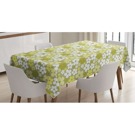 Grey Yellow Tablecloth, Repeating Motifs Basic Abstract Flowers Continuous Print, Rectangle Satin Table Cover Accent for Dining Room and Kitchen, 60" X 84", Pastel Yellow Khaki, by Ambesonne