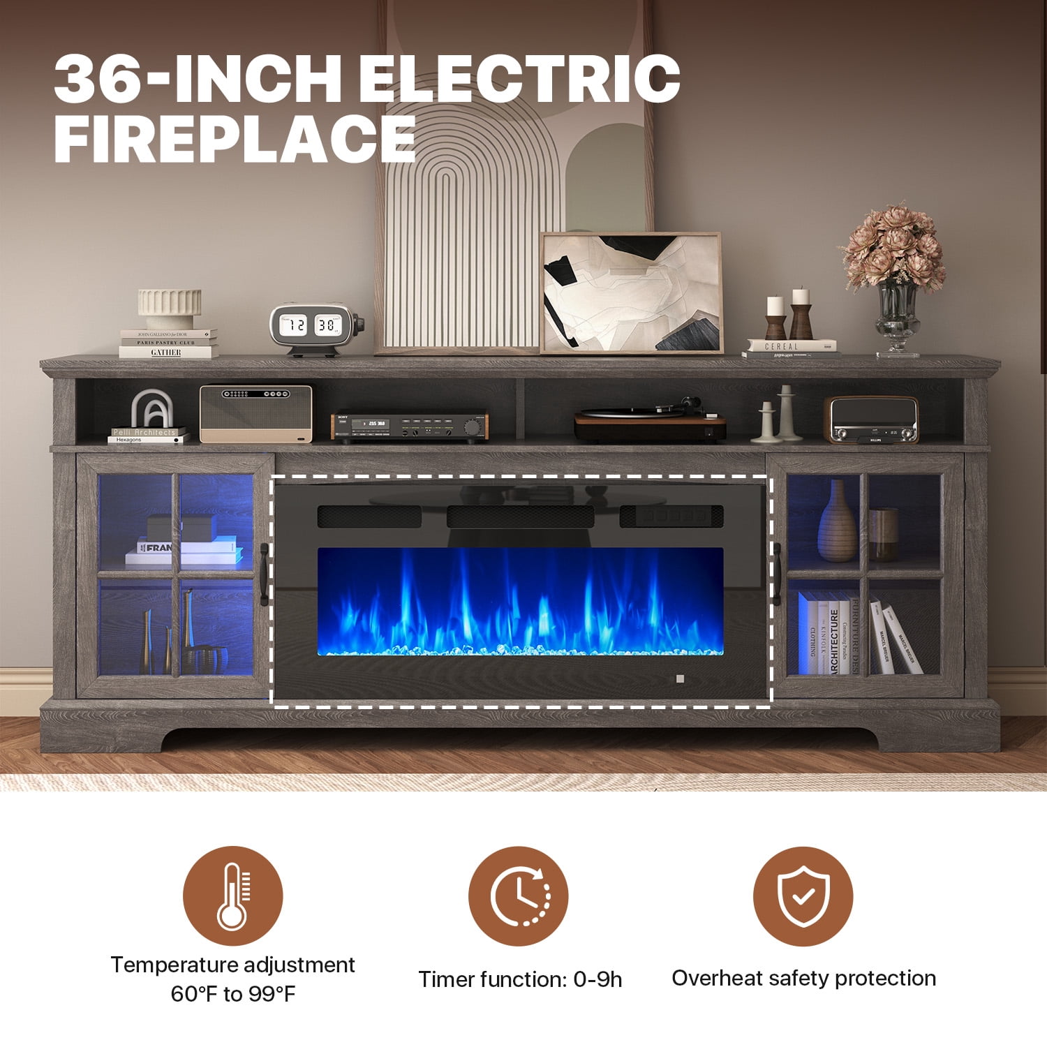 BaPiPro 80" Fireplace TV Stand with 36" Electric Fireplace for TVs up to 90", Entertainment Center with LED Light, Media Console for Living Room, White