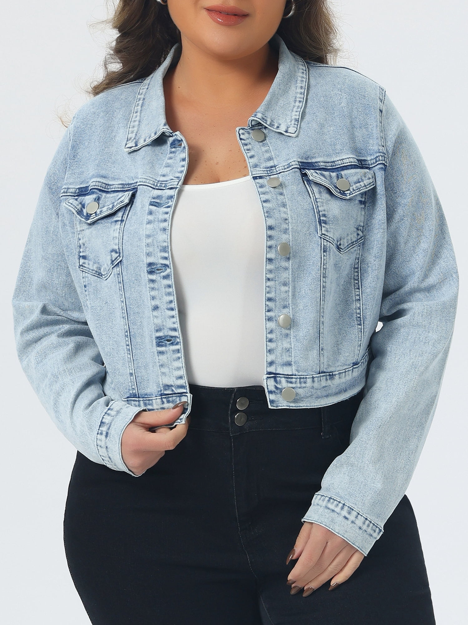 DARING DIVA Women's Plus Button Closed Cropped Denim Jacket 4X Light Blue Snow Wash