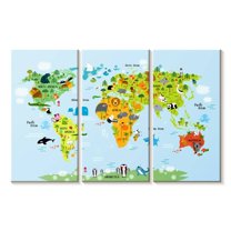 Elephant Stock Animals Of The World Wall Art - Horizontal Multi Panel Canvas - Kids Room Wall Decor - Map Multi Panel - Green And Blue Decor - 57" x 36"