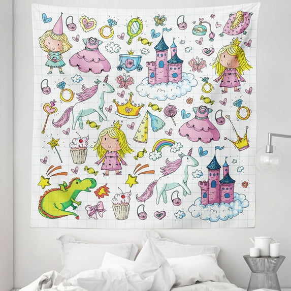 Cartoon Tapestry, Bundle of Girls Composition Tale Fantasy Characters Castles Accessories, Fabric Wall Hanging Decor for Bedroom Living Room Dorm, 5 Sizes, Multicolor, by Ambesonne