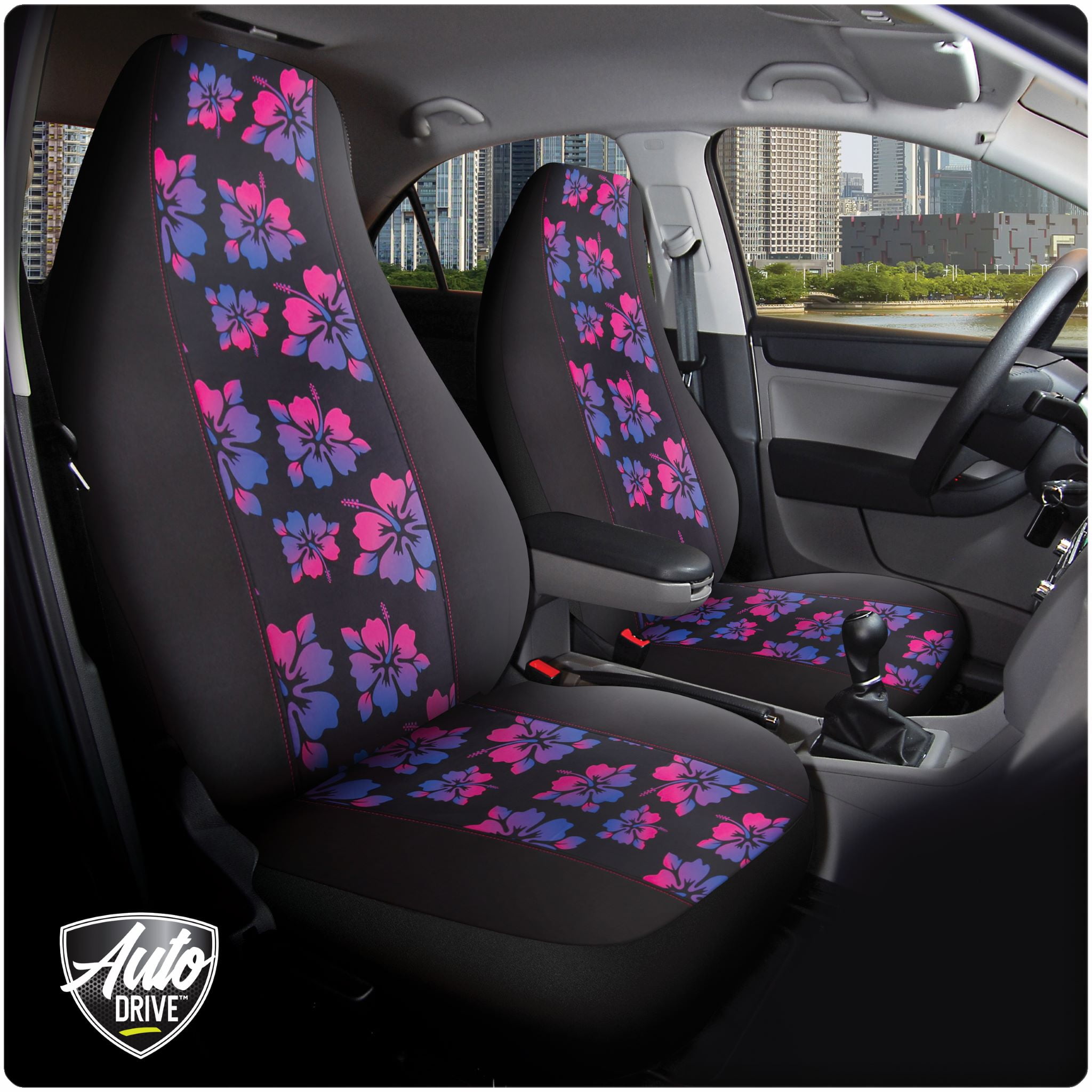 Auto Drive 5-Piece Black-Purple Hawaiian Hibiscus Car Kit, 43671WDI
