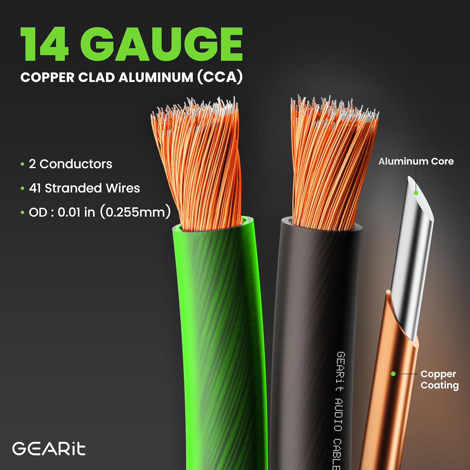 GEARit Pro Series 14AWG Speaker Wire, 14 Gauge Speaker Wire Cable (100 Feet / 30 Meters) Great Use for Home Theater Speakers and Car Speakers, Transparent Black/Green