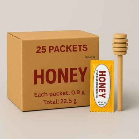 Honey Packets, 25 Count with Wooden Dipper – Natural Sweetener Portion Packs for Tea, Coffee & Breakfast