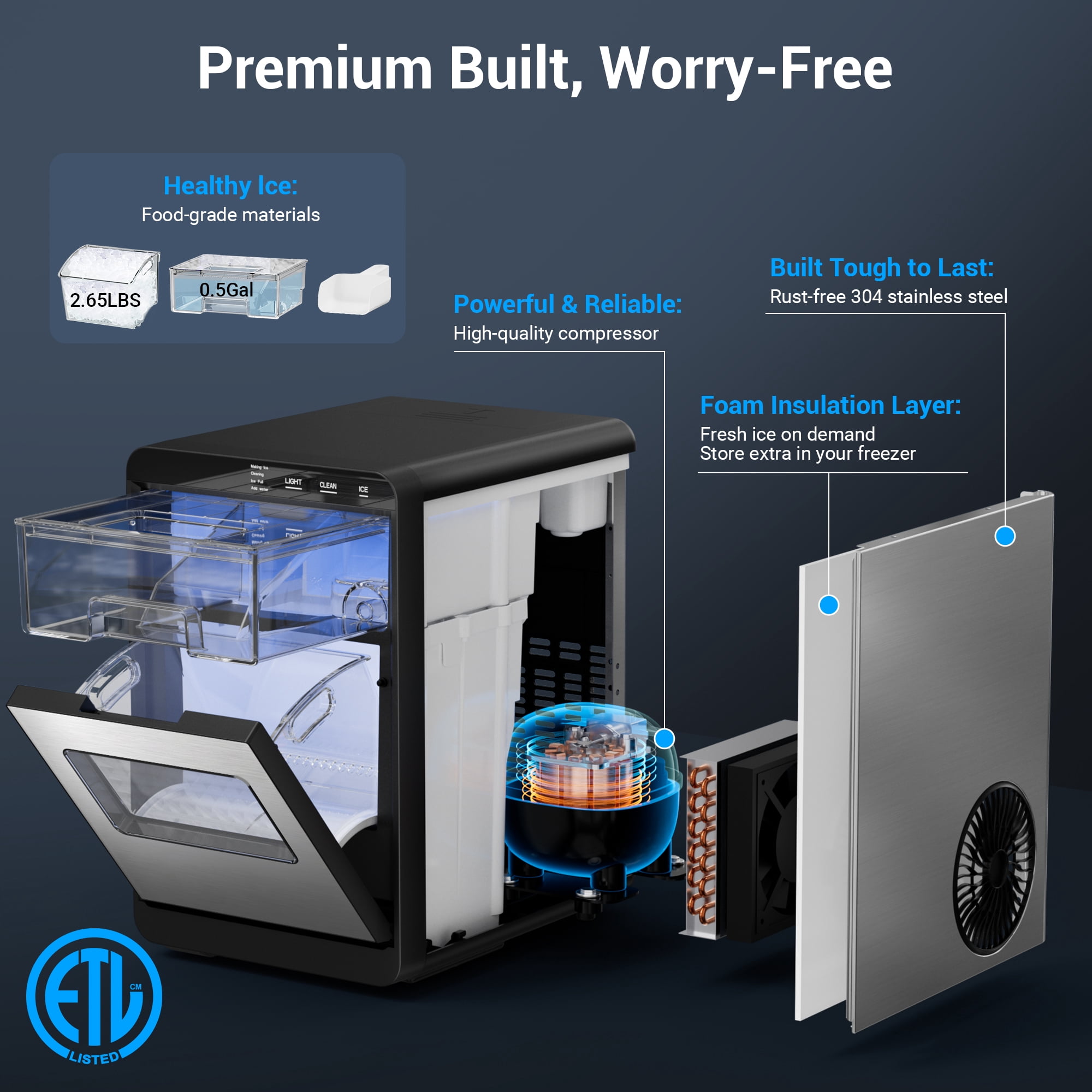 Snowyermine Nugget Ice Maker Countertop, 44lbs per Day Chewable Pebble Nugget Ice Machine with Touch Screen for Home, Kitchen, Office, Stainless Steel, Silver