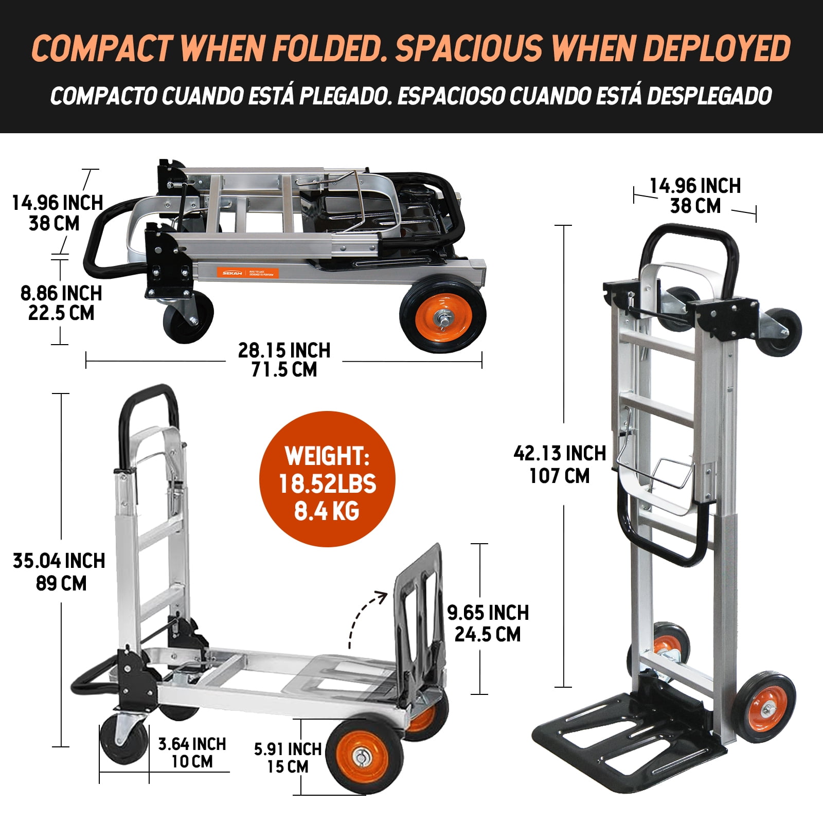 SEKAM Folding Hand Truck, 500 lbs Heavy Duty 2-in-1 Convertible Dolly Cart