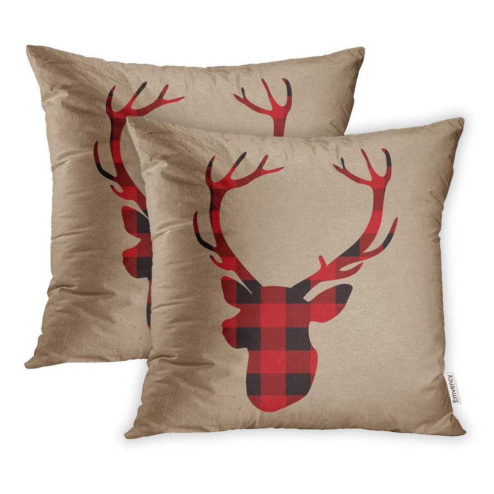 ARHOME Red Christmas Lumberjack Deer on Craft Antler Black Pillow Case