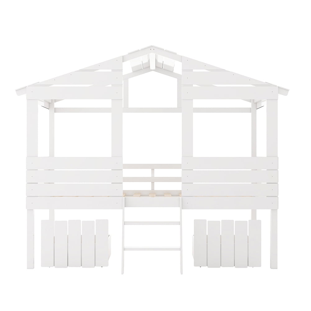 Kadyn kids Bunk Loft Bed with Two Drawers, Windows and Roof Design, White Kadyn kids Bunk Loft Bed with Two Drawers, Windows and Roof Design, White