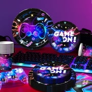 Video Game Birthday Decorations Tableware,113Pcs Game On Birthday Party Tableware Set-Video Game Birthday Plates Napkins Cups Tablecloth etc Glowing Game Party Tableware for Video Game Party Supplies