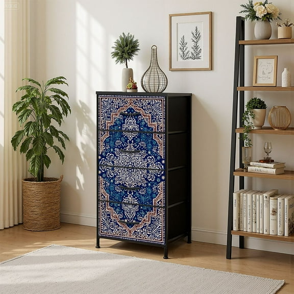 4 Drawer Vertical Storage Dresser Vintage Turkish rug style with Wood Top Fabric Pull Drawers