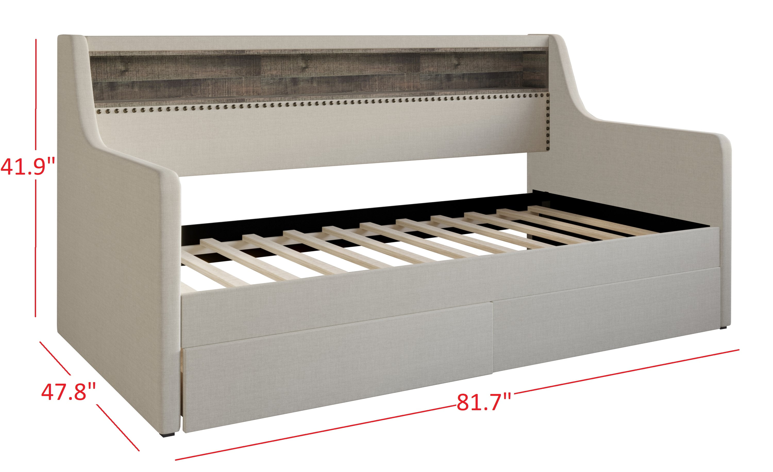 Home Design Brianna Twin Daybed with Upholstered Frame, Nailhead Trim, Built-In Storage with Two Drawers, Stylish Seating and Sleeping Solution, Warm Gray