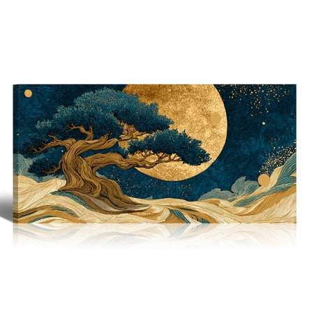 Oversized Canvas Wall Art Tree of Life with Sun and Moon, Green Abstract Nature Paintings, Modern Canvas Prints for Living Room Bedroom Home Decoration