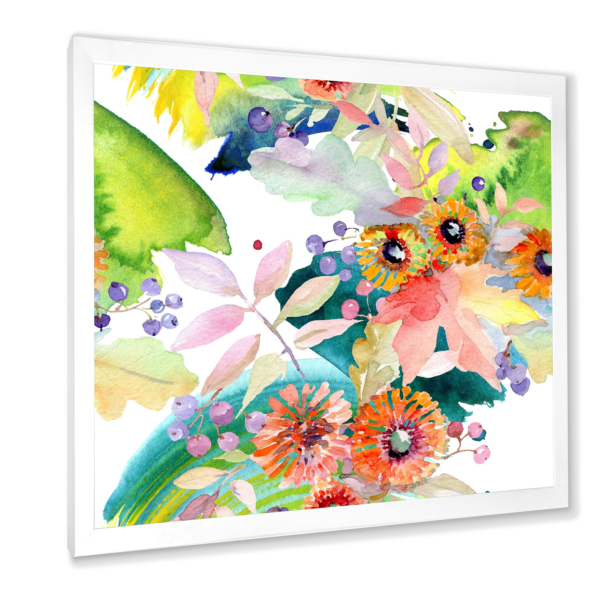 Vital Wild Spring Leaves and Wildflowers III 30 in x 30 in Framed Painting Canvas Art Print, by Designart
