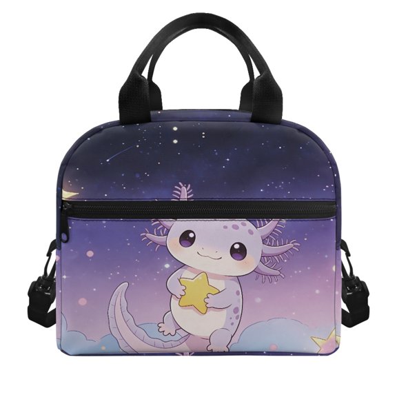 HUIACONG Cartoon Axolotl with Star & Cloudy Galaxy Pattern Insulated Lunch Bag, Easy Clean Lining Removable Strap Aluminum Film Insulated Lunch Tote for Daily Use