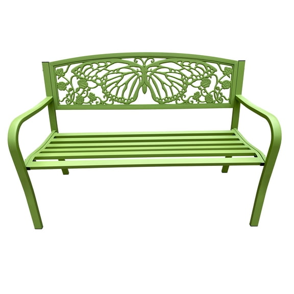 50" Outdoor Metal Garden Bench with Butterfly Design Backrest - Yellow