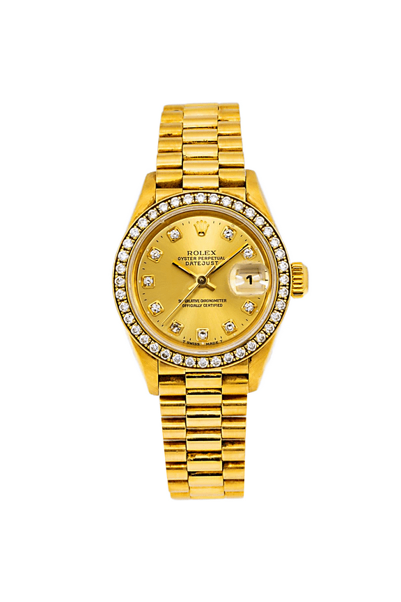 Pre-Owned ROLEX LADY-DATEJUST DIAMOND WATCH, 69178 26MM, SILVER DIAMOND DIAL WITH PRESIDENT YELLOW GOLD SEMI DIAMOND JUBILEE BRACELET.