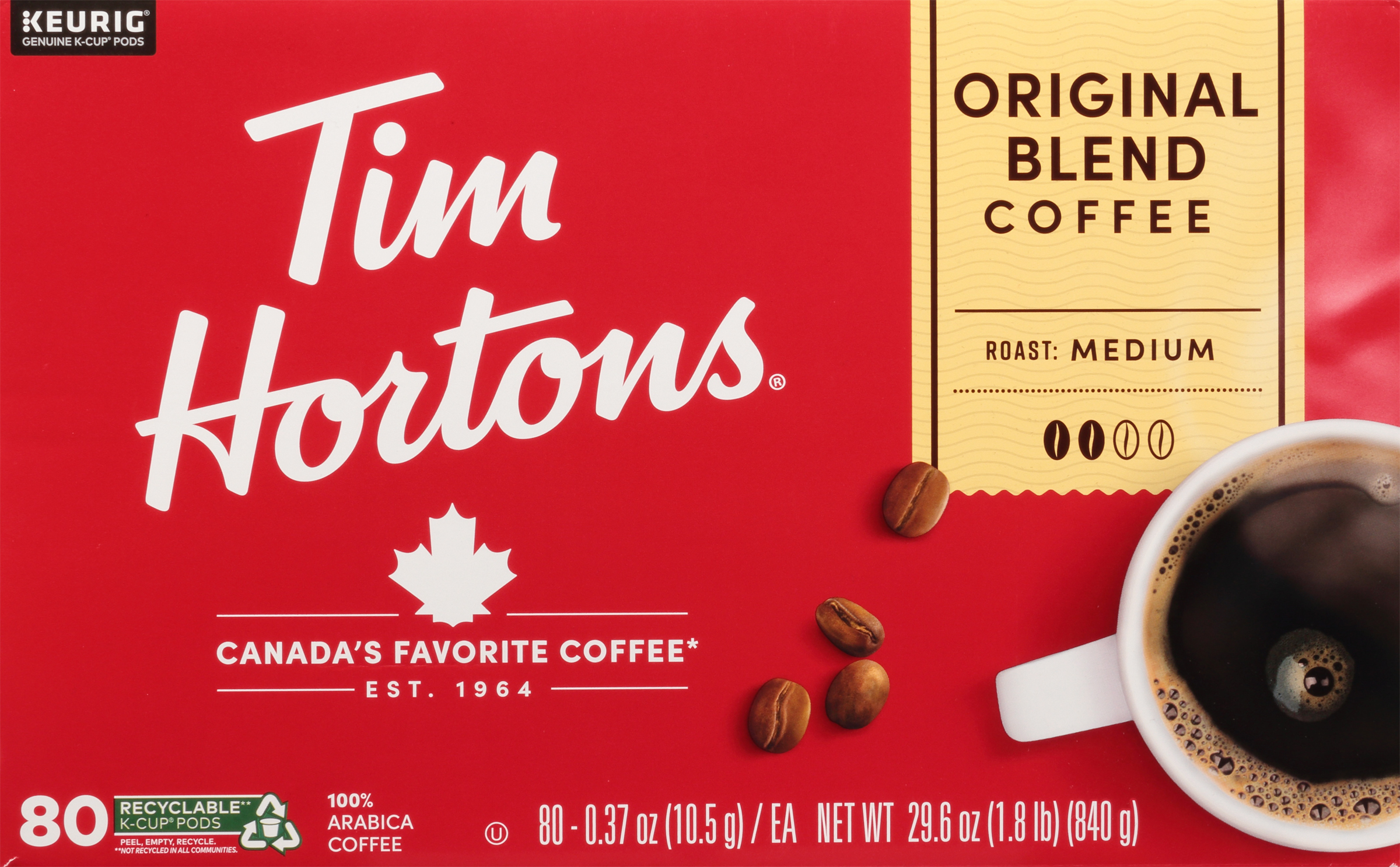 Tim Hortons Original Blend K-Cup Coffee Pods, Medium Roast, Recyclable, 80ct for Keurig Brewers