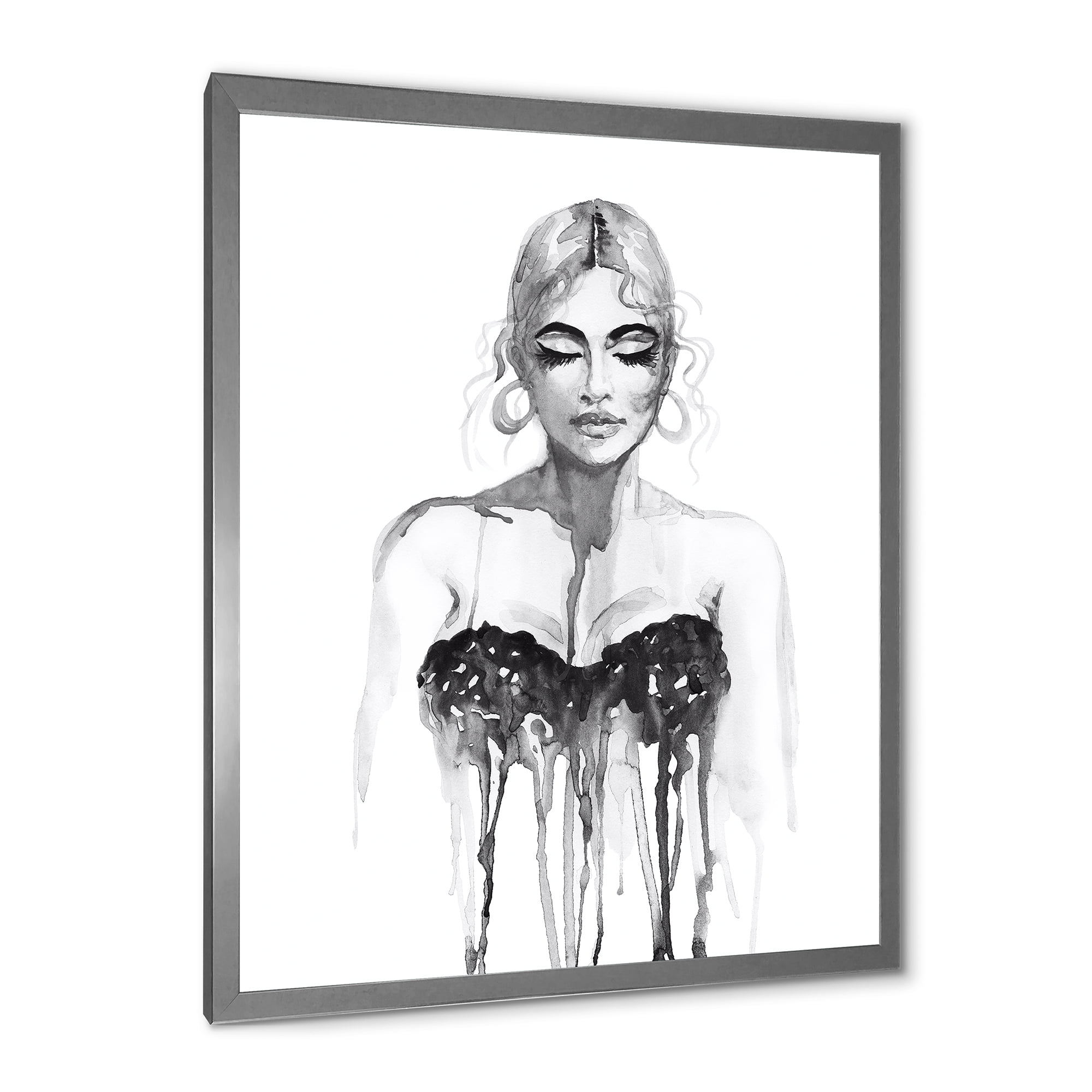 Black and White Portrait of Woman Wearing Evening Dress 16 in x 32 in Framed Painting Canvas Art Print, by Designart