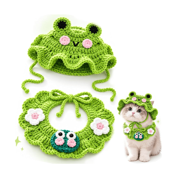 Cute Handmade Crochet Cat Hat & Collar Set, 6 Styles Fruit Animal Knit Outfit with Adjustable Ties, Pet Costumes, Cat Accessories for Kitten Photo Shoot & Party Dress-up-D