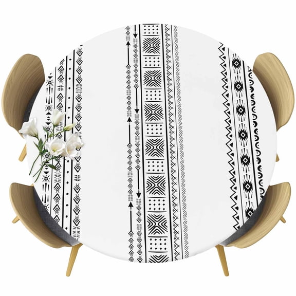 Black Geometric Table Cloth, Round Fitted Tablecloths with Elastic Edge, Boho Lines White Modern Abstract Art Wipeable Waterproof Table Cover for Kitchen Wedding 36-44 Inches