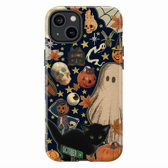 Vintage Halloween Collage Phone Case for iPhone 16 15 14 13 12 11 Pro Max, Mini & Plus – Retro Ghost, Black Cat, Pumpkins & Spooky Decor