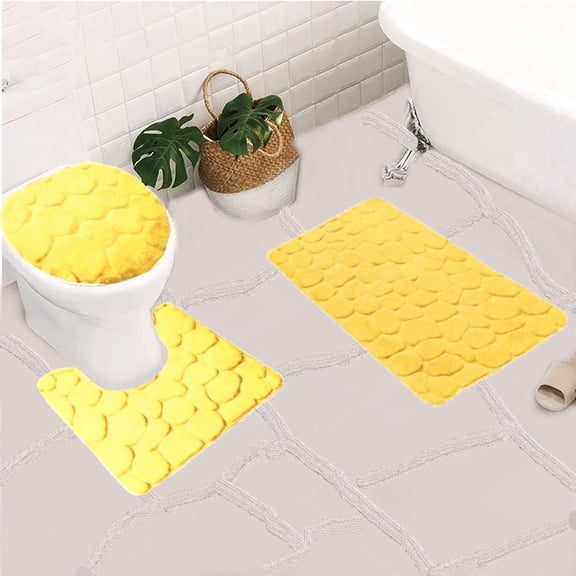 3pc Set Memory Foam Bathroom Rugs Mat Lid Cover Super soft Dry Inmediately Non Slip Embossed Cobblestone Pebble Gold Color