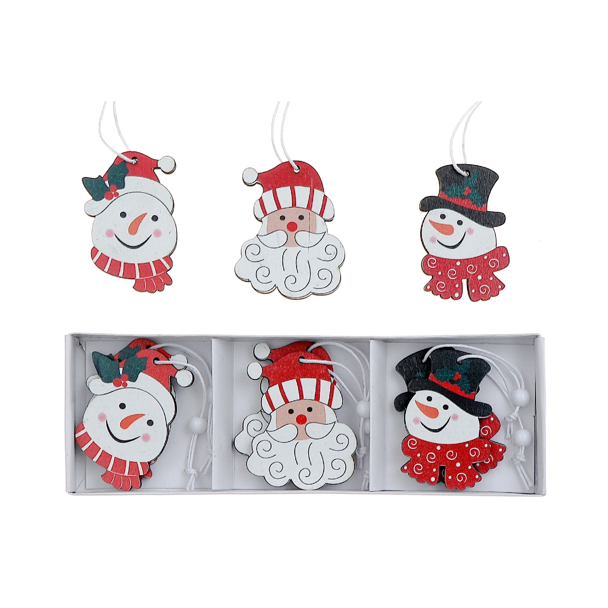 12Pk Wooden Snowman And Santa Ornaments (Asstd) - Set of 2