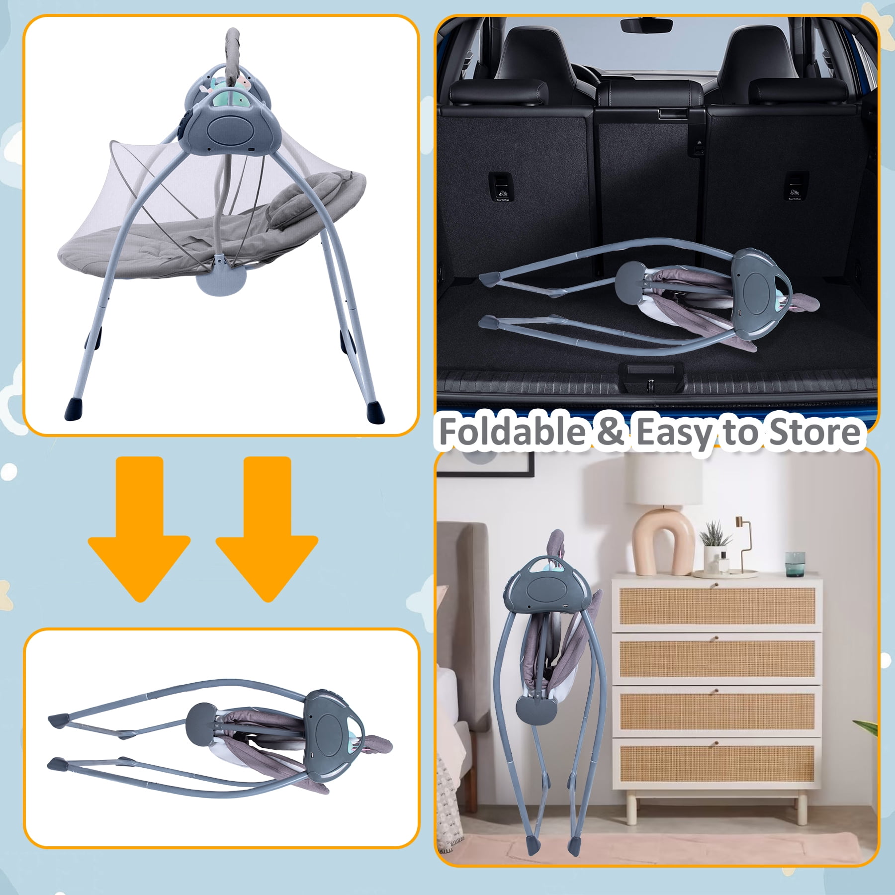 RICHYOUNG Folding Baby Swing for Infant,Bluetooth Music,Remote Control,5-Speed Baby Bouncer(Gray)