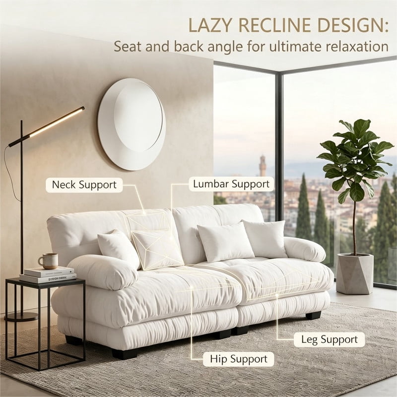 ANPPORT Cloud Couch Sleeper Sofa, Chenille White 2-Seater Modular Sofa, 2 Lumbar pillows, 2 Pillows, Comfy Deep Seat Cloud Sofa, Convertible L-Shaped Floor Couch for Living Room