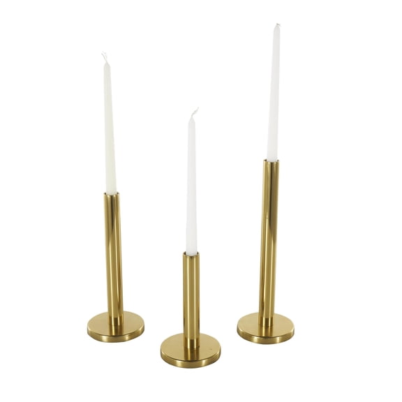 DecMode 3 Candle Gold Stainless Steel Metal Slim Candle Holder with Round Base, Set of 3