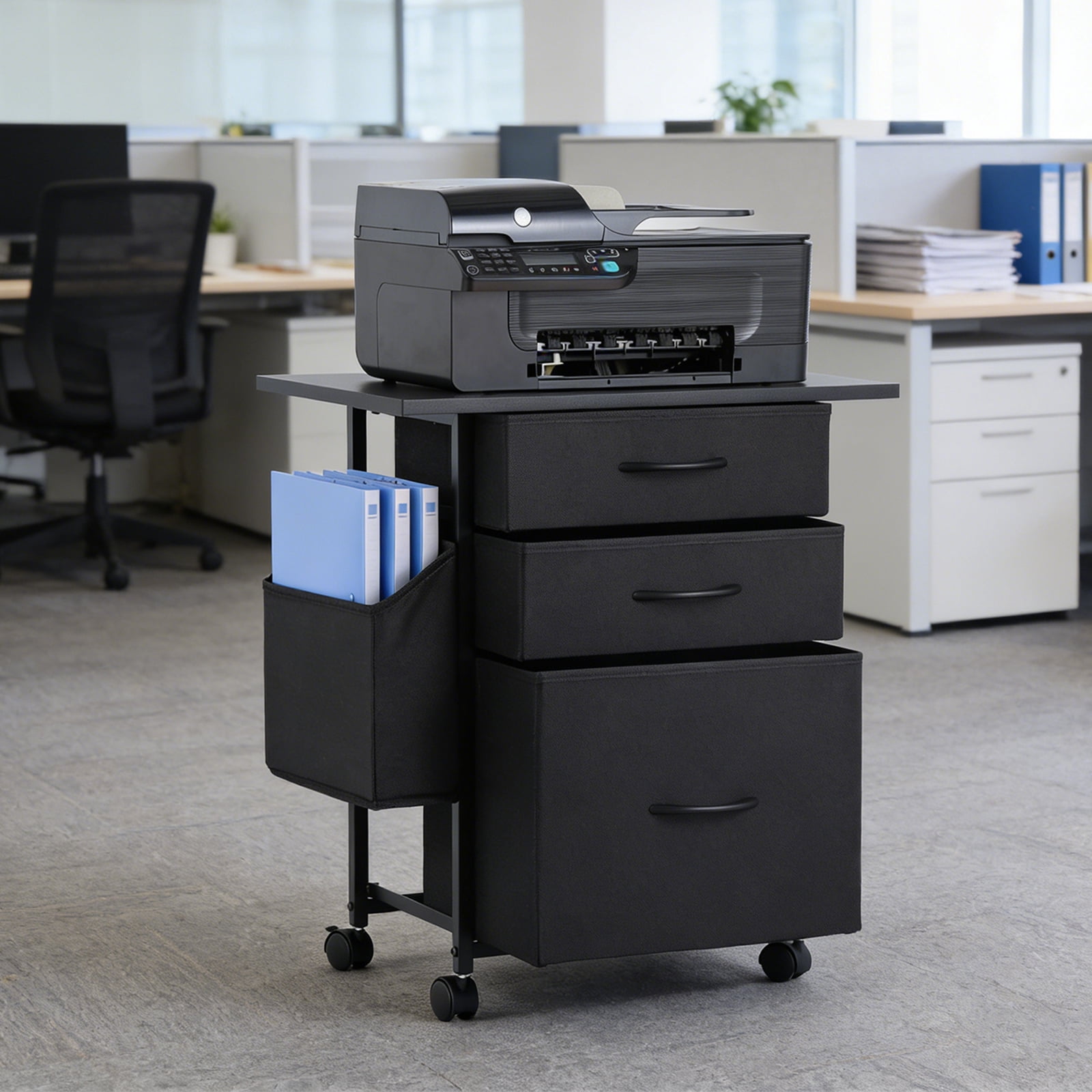 KATHY&BOB Printer Stand with 3 Fabric Drawers, Mobile File Cabinet, Desk Table Cabinet Fits A4 Letter Size, Home Office Furniture, Black