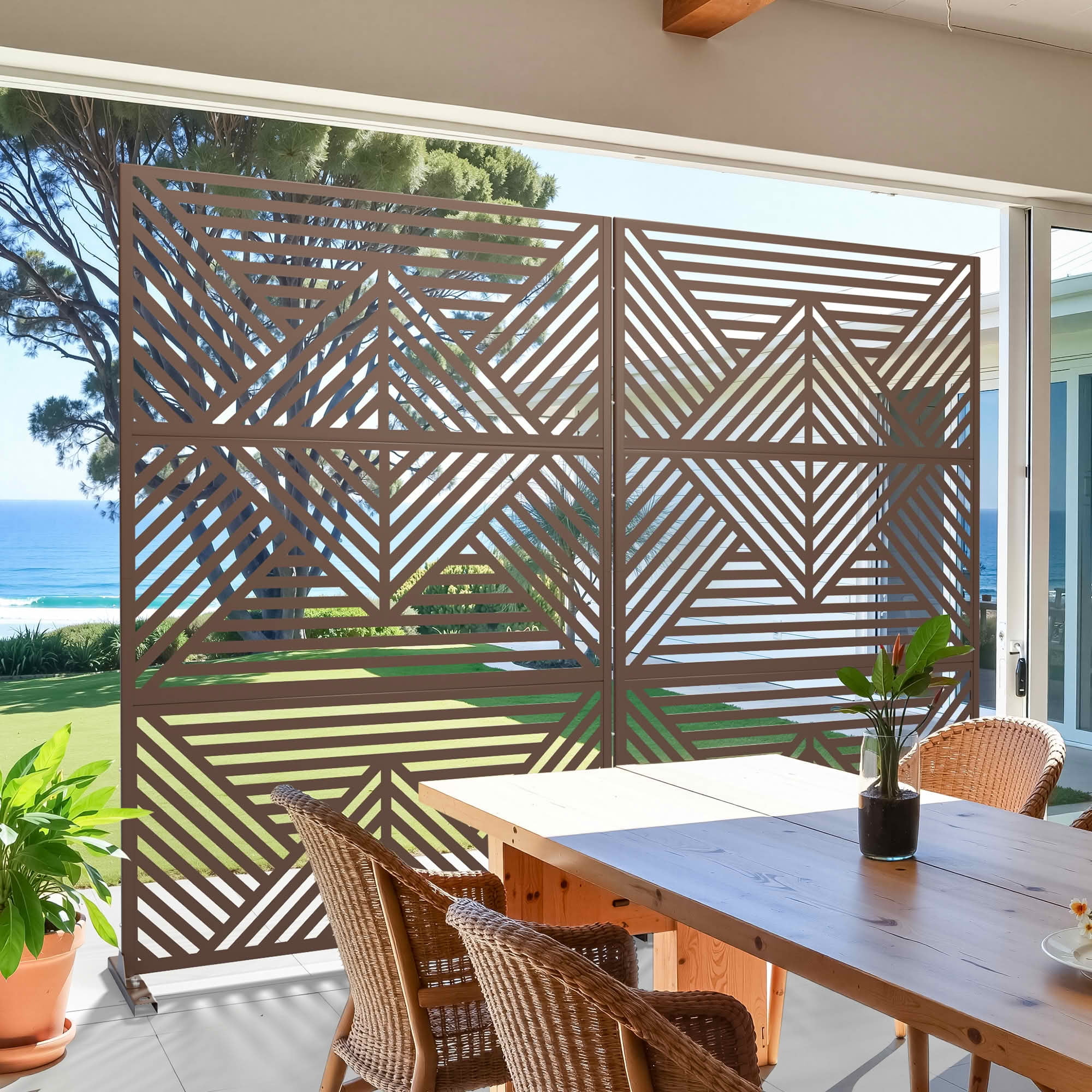 MAYEERTY 72x47x16 Inch Brown Mountain Rectangular Galvanized Steel Privacy Screen, 3 Piece Set for Outdoor Garden