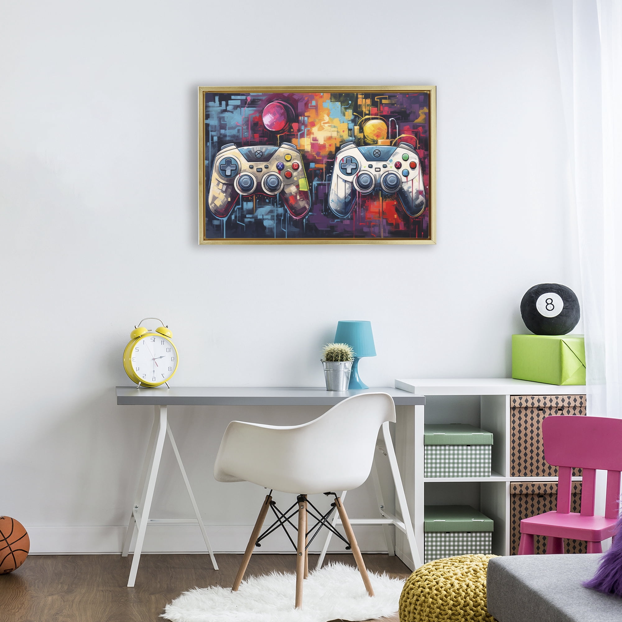 Stupell Industries Double Controller Modern Gamer Gold Framed Floater Canvas Wall Art, design by Lazar Studio