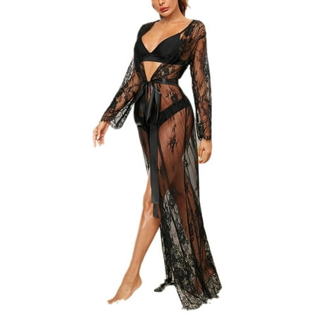 Douhoow Women Lace Robe Lingerie Sleepwear Deep V-Neck Long Beach Club Babydoll Nightgown