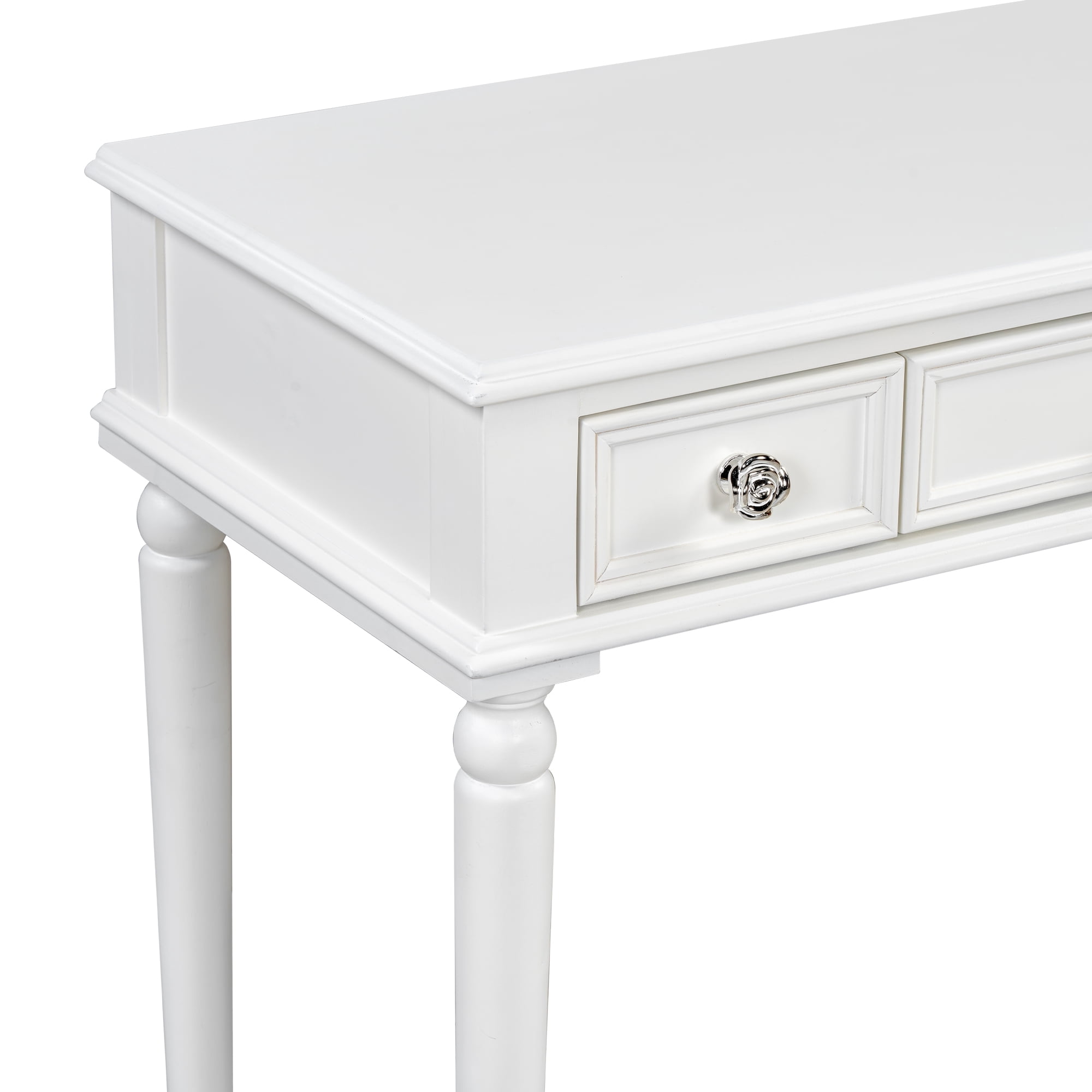 Euroco Vintage Vanity Desk with Octagonal Mirror – Distressed White Makeup Table with Storage Drawers & Carved Details