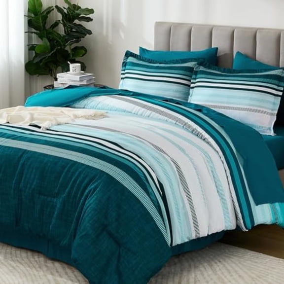 Teal Queen Comforter Set 7 Pieces Blue Boho Striped Bed in a Bag Queen Size Soft Microfiber All Season Bedding Set with Comforter Sheets Pillowcases Shams