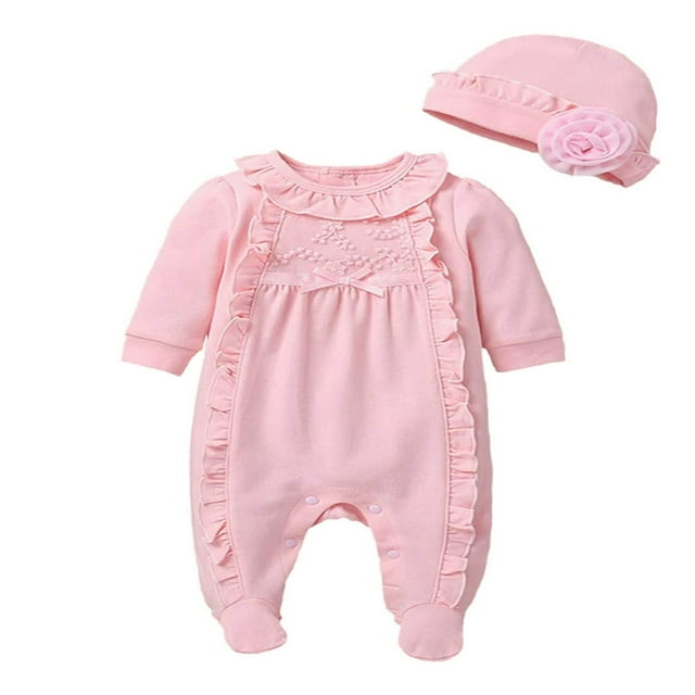 Wayren USA Pyjama une-Pièce à Pieds pour Bébés Filles, Dormeuse et Jeu, Barboteuse à Col Volanté, Justaucorps avec Chapeau Assorti