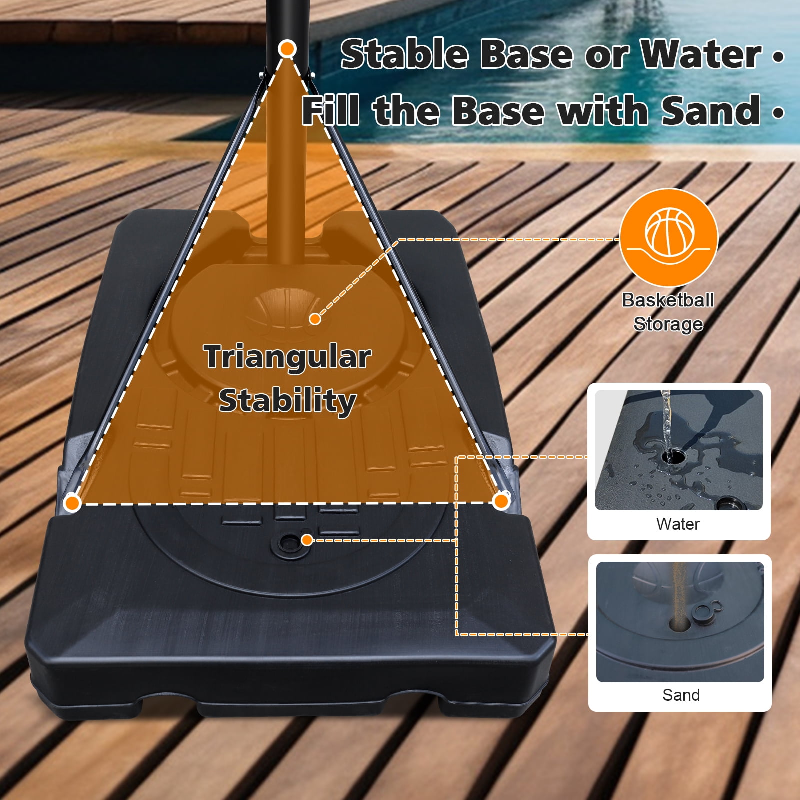 7.5-10ft Adjustable Height Outdoor Basketball Stand, Portable Basketball Stand, 44"shatter-proof Backboard, Fillable Base, 2 Portable Wheels, Suitable for Swimming Pool