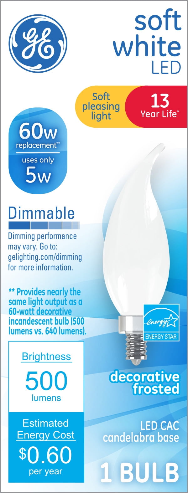 GE Household Lighting GE Soft White LED Decorative Light Bulb, 60 Watt Eqv, Small Base, 13 year, 1pk