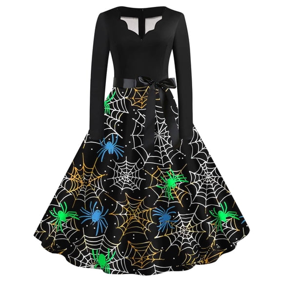JOANKDMI Halloween Vintage 1950s Dress for Women Long Sleeve Spider Web Print A-Line Swing Cocktail Party Dress Retro Rockabilly Costume