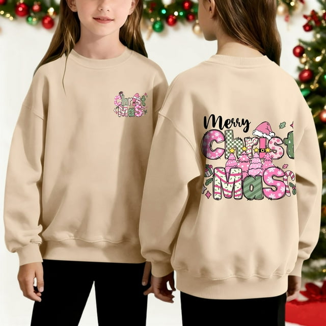 Cowsor Chandails en Molleton pour Filles Enfants Mignon Graphique Col Rond Chandail Tops Xmas Manches Longues Chemises de Vacances