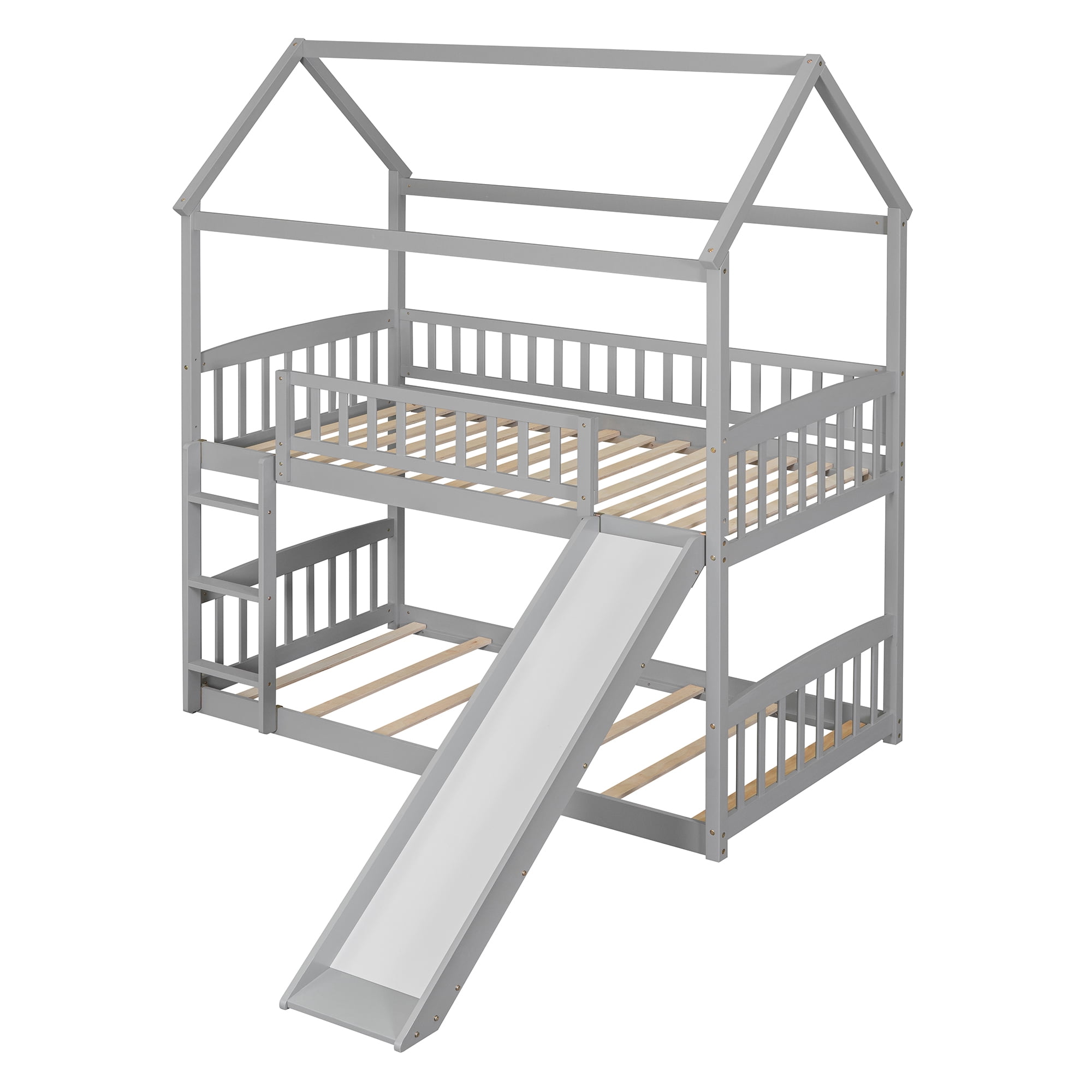 Aukfa Twin over Twin Bunk Bed with Slide, Floor Bunk Bed for Kids, Boys and Girls, House Top, Wooden - Gray