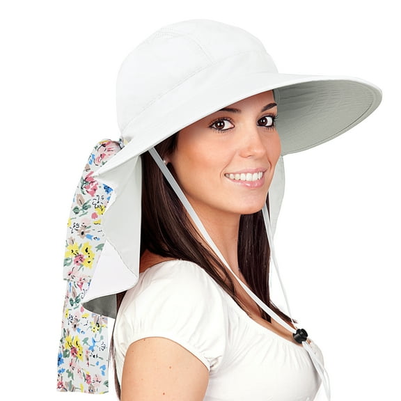 Solaris Women Outdoor Boonie UV Protecting Sun Hats with Neck Flap and Floral Silk Ribbons for Hiking Safari,Fishing Caps,WHITE